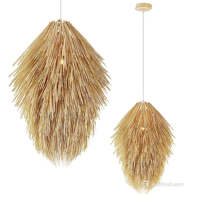 Bohemian Style Golden Pendant Lights with Feather Like Natural Fiber Design 3d model 