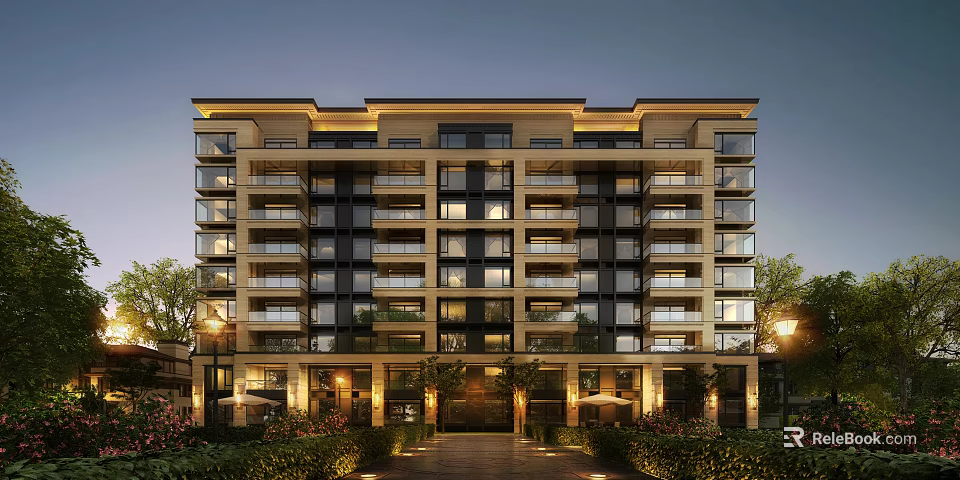 Modern Multi storey Apartment Building Exterior With Balconies Greenery And Evening Lighting 3d model 