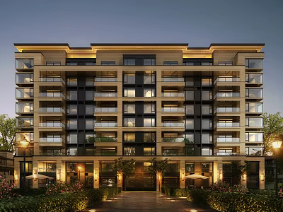 Modern Multi storey Apartment Building Exterior With Balconies Greenery And Evening Lighting 3d model