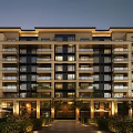 Modern Multi storey Apartment Building Exterior With Balconies Greenery And Evening Lighting
