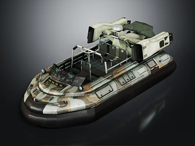 Military Style Camouflage Hovercraft Water Vehicle With Open Deck And Canopy 3d model
