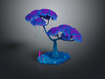 Cartoon Tree Scene With Blue Trunk Purple Leaves Dripping Water Colorful Candles And Stones 3d model