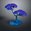 Cartoon Tree Scene With Blue Trunk Purple Leaves Dripping Water Colorful Candles And Stones