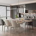 Modern Restaurant Dining Area With Glass Table Chairs Pendant Lights And Kitchen Cabinets