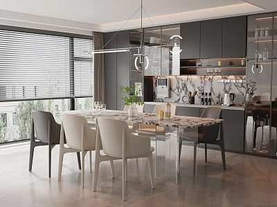 Modern Restaurant Dining Area With Glass Table Chairs Pendant Lights And Kitchen Cabinets 3d model