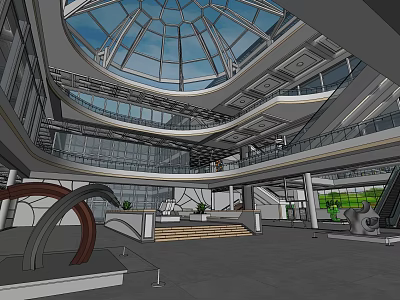 Modern Cultural Center Interior Featuring Glass Dome Multi Level Walkways And Art Installations 3d model
