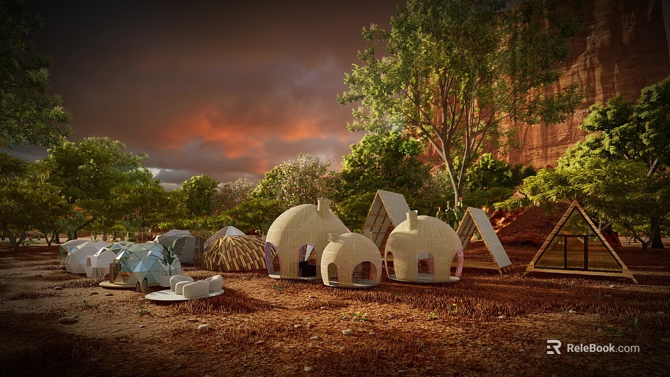 Unique Campsite With Various Shaped Tents Surrounded By Trees And Red Cliffs At Dusk 3d model 