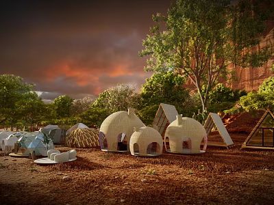 Unique Campsite With Various Shaped Tents Surrounded By Trees And Red Cliffs At Dusk 3d model
