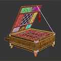 Wooden Chest Style Double Bed With Open Carved Lid And Patterned Mattress Inside