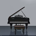 Elegant Black Grand Piano With Intricate Carved Design And Matching Stool In Bright Room