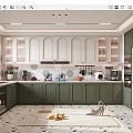 Modern Kitchen Interior With Dark Green Cabinets White Arched Cabinets Appliances And Patterned Floor Tiles
