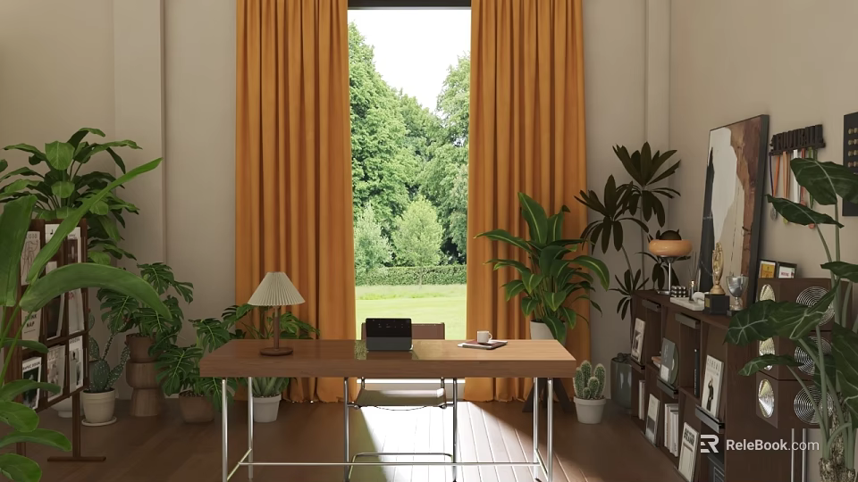 Bright Home Office Interior With Orange Curtains Green Plants Wooden Floor And Scenic View 3d model 