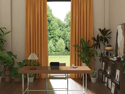 Bright Home Office Interior With Orange Curtains Green Plants Wooden Floor And Scenic View 3d model