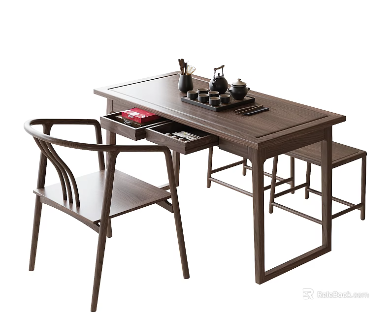 Chinese Style Wooden Tea Table and Chairs with Open Drawer and Tea Set 3d model 