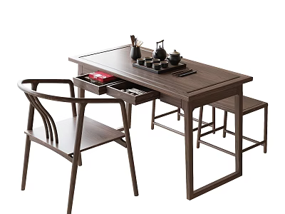 Chinese Style Wooden Tea Table and Chairs with Open Drawer and Tea Set 3d model