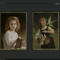 Two Children Portrait Paintings Featuring Curly Hair Child With Book And Dove Near Fruit Basket