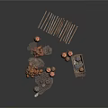 Rustic Market Scene Components With Potatoes Net Bags Wooden Sticks And Cart