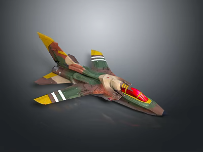 Camouflage Fighter Jet Model With Red Cockpit And Yellow Green Brown Colors 3d model