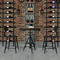 Metal Wine Rack with Brick Wall Background Bicycle Wheel Decor Planters Small Table and Stools