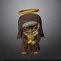 Toy Figure in Brown Robe With Golden Halo Black Eye Covering And Golden Circular Object