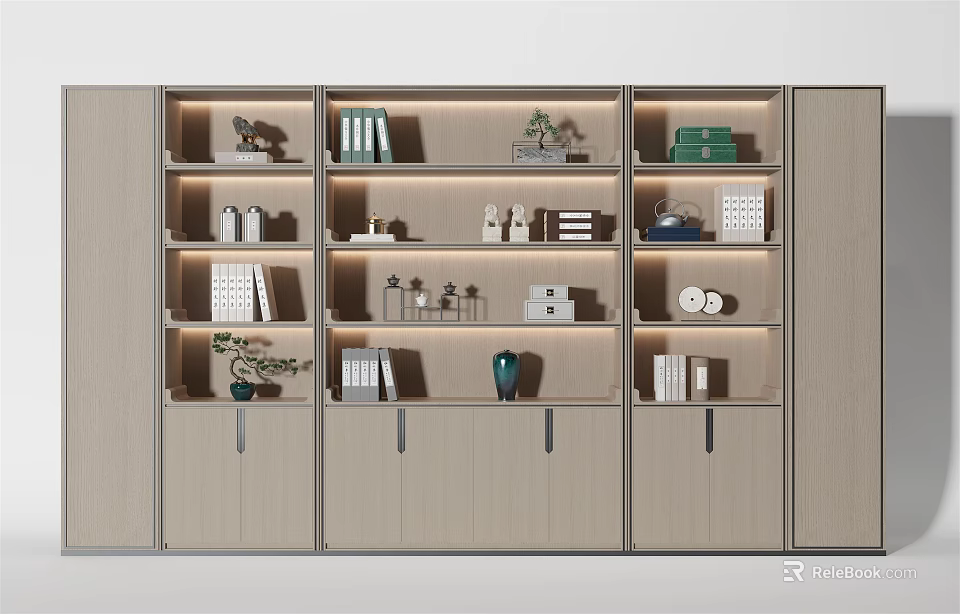 Modern Wooden Decorative Cabinet with Open Shelves Displaying Books Vases Plants and Decorative Items 3d model 