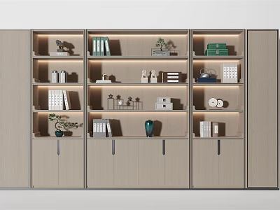 Modern Wooden Decorative Cabinet with Open Shelves Displaying Books Vases Plants and Decorative Items 3d model