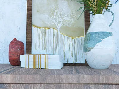 Decorative White Vase With Green Plant Red Bottle White Box And Painting On Wooden Shelf 3d model