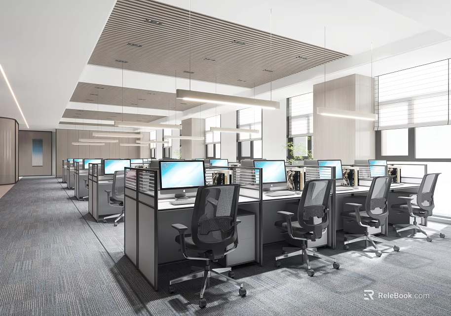 Modern Public Office Area With Spacious Workstations Computers Ergonomic Chairs And Bright Lighting 3d model
