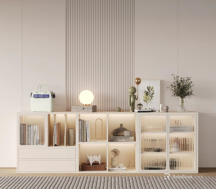 Modern Entryway Cabinet and Sideboard With White Finish Glass Doors LED Lighting and Storage 3d model 