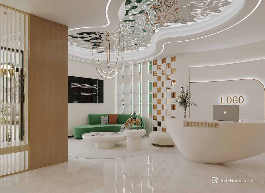 Luxury Beauty Hair Salon Interior With Reception Desk Green Sofa Chandelier And Decorative Wall 3d model 