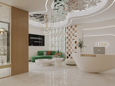 Luxury Beauty Hair Salon Interior With Reception Desk Green Sofa Chandelier And Decorative Wall 3d model