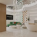 Luxury Beauty Hair Salon Interior With Reception Desk Green Sofa Chandelier And Decorative Wall