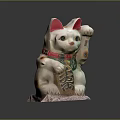 Lucky Cat Ornament Decoration With White Body Red Ears Green Collar And Longevity Character Charm