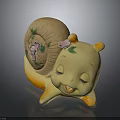 Cartoon Snail with Yellow Body Decorative Flowers on Shell Smiling Face and Closed Eyes
