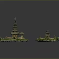 Detailed Traditional Temple Model Scenes With Multi Tiered Towers Green Vegetation And Small Pavilions