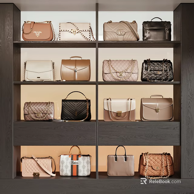 Stylish Handbags Collection Displayed on Dark Wooden Shelves With Quilted Patterns And Diverse Colors 3d model 