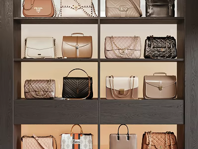 Stylish Handbags Collection Displayed on Dark Wooden Shelves With Quilted Patterns And Diverse Colors 3d model
