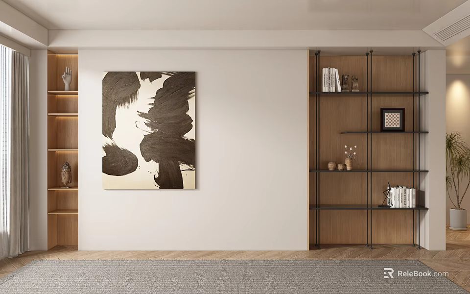 Minimalist Sofa Backdrop Wall Design With Abstract Painting And Wooden Shelves 3d model 