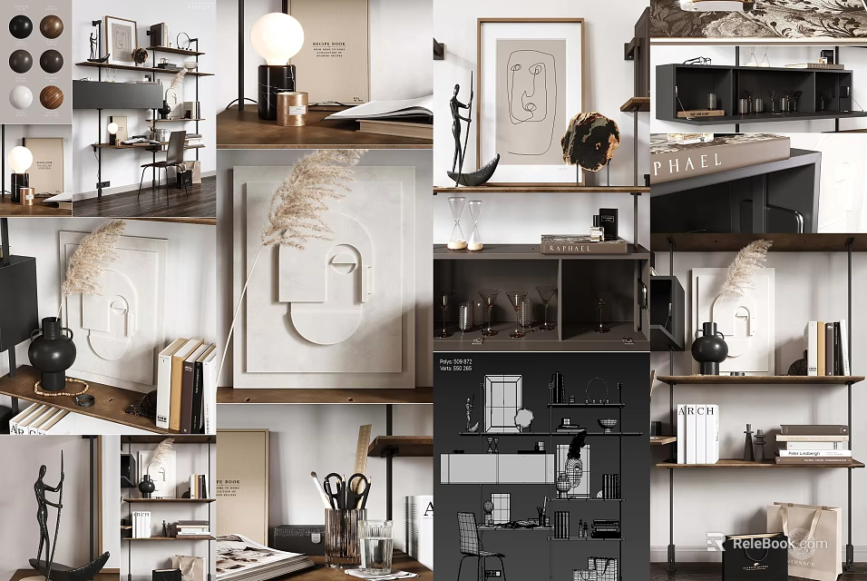 Stylish Home Office Desk Setup With Shelves Books Decorations Lamp And Artwork 3d model 