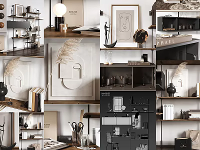 Stylish Home Office Desk Setup With Shelves Books Decorations Lamp And Artwork 3d model