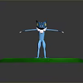 Blue Creature with Yellow Eyes Standing on Green Circular Platform Arms Outstretched