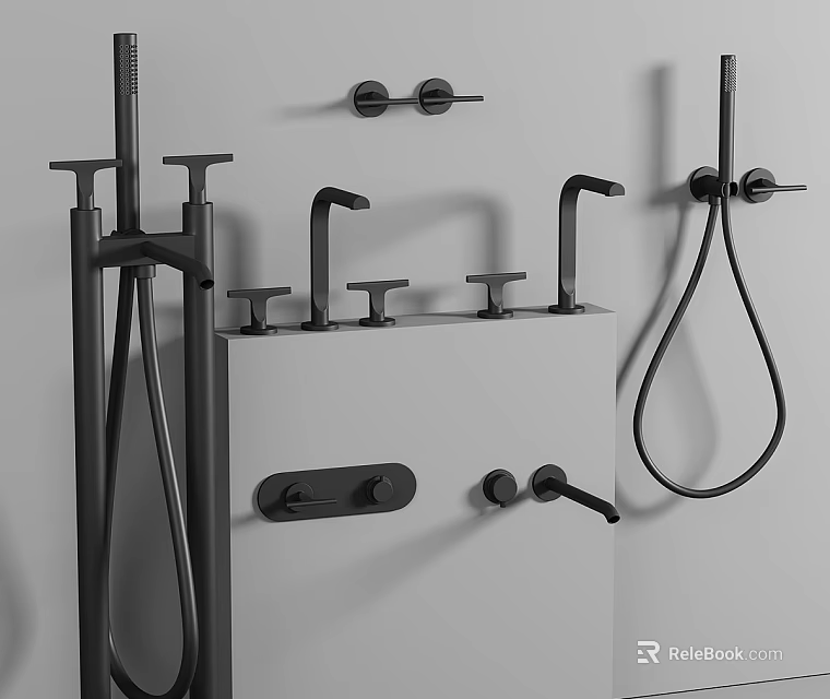 Modern Black Bathroom Faucets With Shower Head And Wall Mounted Controls On White Panel 3d model 