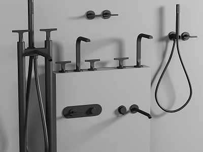 Modern Black Bathroom Faucets With Shower Head And Wall Mounted Controls On White Panel 3d model