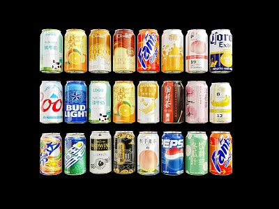 Variety of Beverage Cans With Different Flavors And Colorful Brand Packaging 3d model