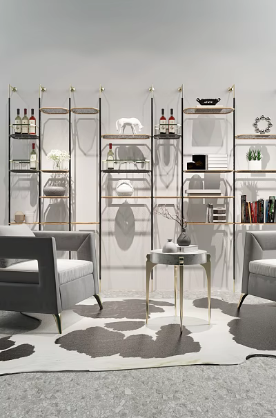 Modern Gray Lounge Chair Set With Small Round Table Glass Metal Bookshelf And Abstract Painting 3d model