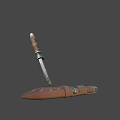 3D Model Knife with Textured Blade Brown Leather Wrapped Handle and Sheath with Metal Accents