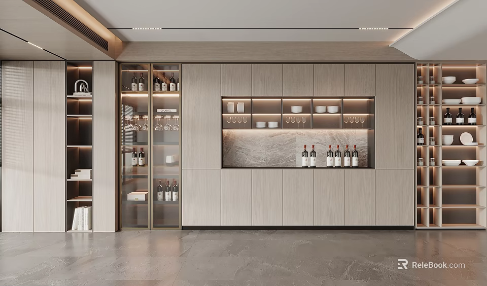 Elegant Modern Wine Cabinet With Glass Doors Textured Backdrop And LED Lighting 3d model 