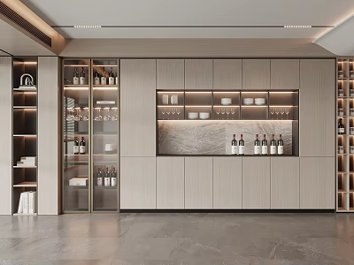 Elegant Modern Wine Cabinet With Glass Doors Textured Backdrop And LED Lighting 3d model