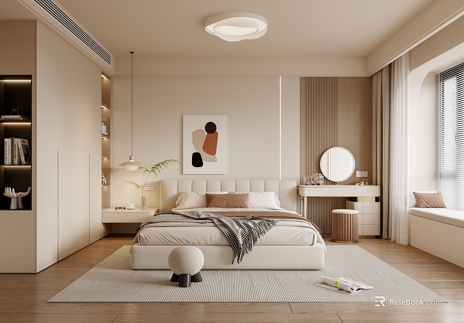 Warm Modern Bedroom Interior With Bed Area Rug Abstract Artwork Vanity Mirror And Neutral Tones 3d model 