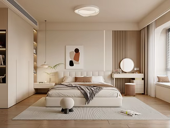 Cream Style Bedroom Double Bed Wardrobe Dressing Table Painting Chandelier Ceiling Lamp Green Plant Curtain 3d model
